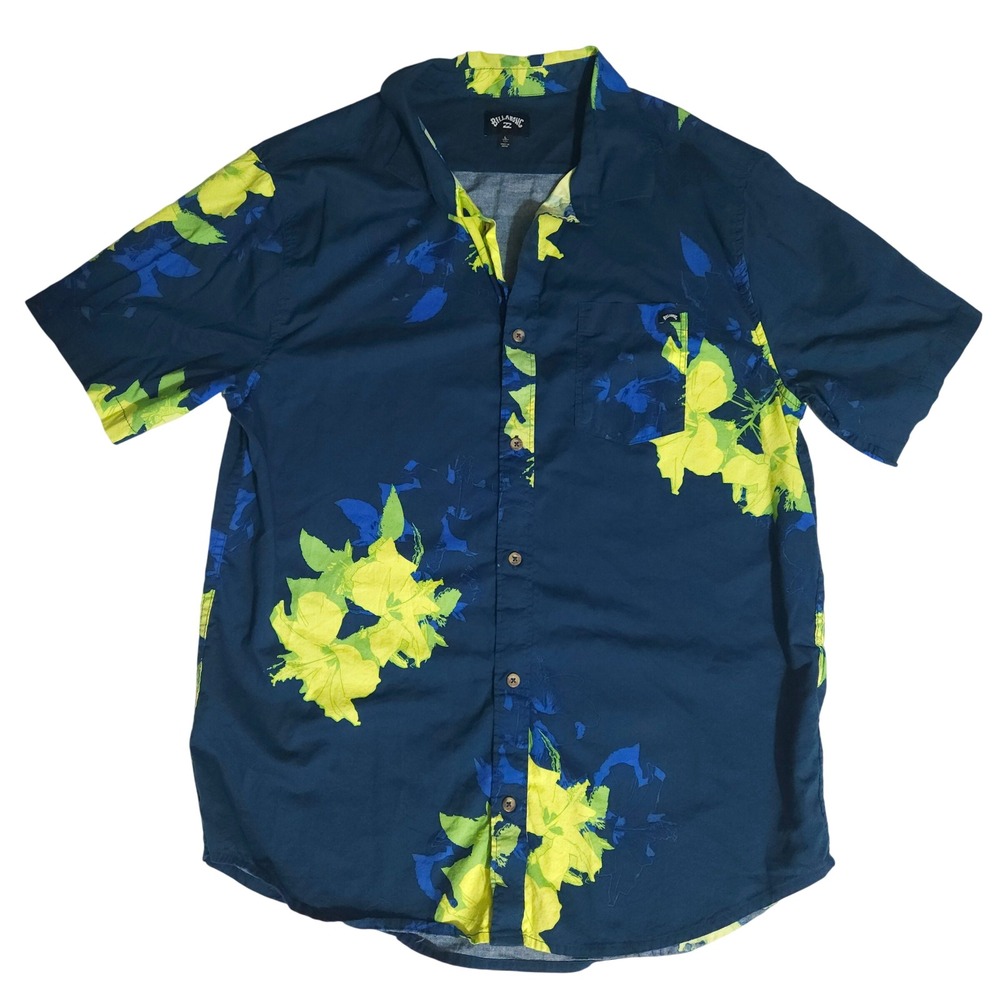Billabong Mens Short Sleeve Button Down Shirt Teal Floral Tropical Print Large